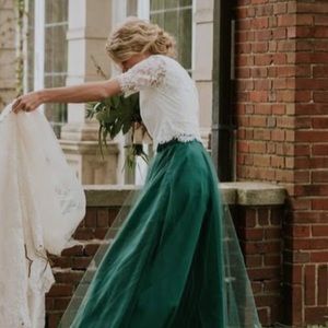 White Lace Top/Forest Green Tule Bridesmaid Dress